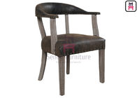 Brown Indoor Rustic Leather Chair / Sturdy Oak Wood Dining Chair With Armrest