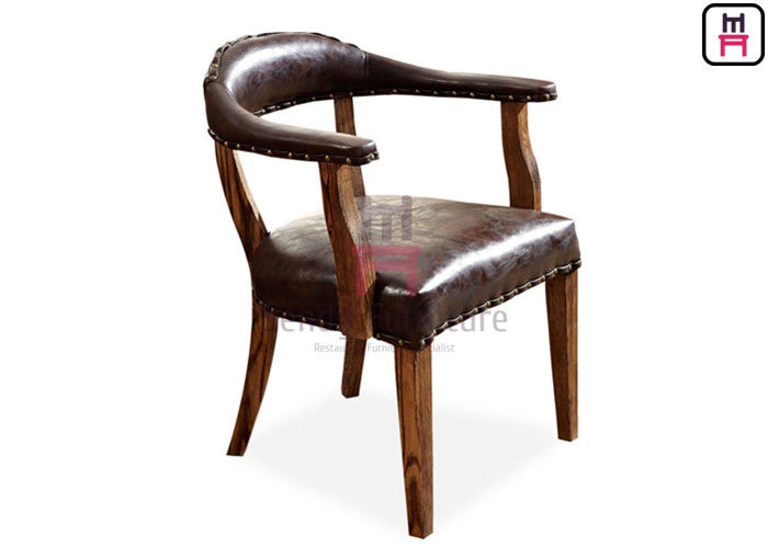 Brown Indoor Rustic Leather Chair / Sturdy Oak Wood Dining Chair With Armrest